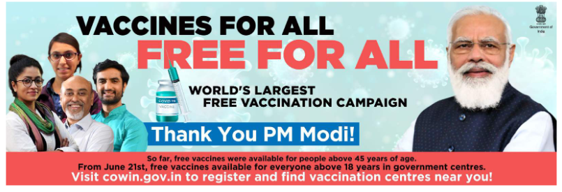 Free vaccination for 18 years and above age group from 21st June, 2021